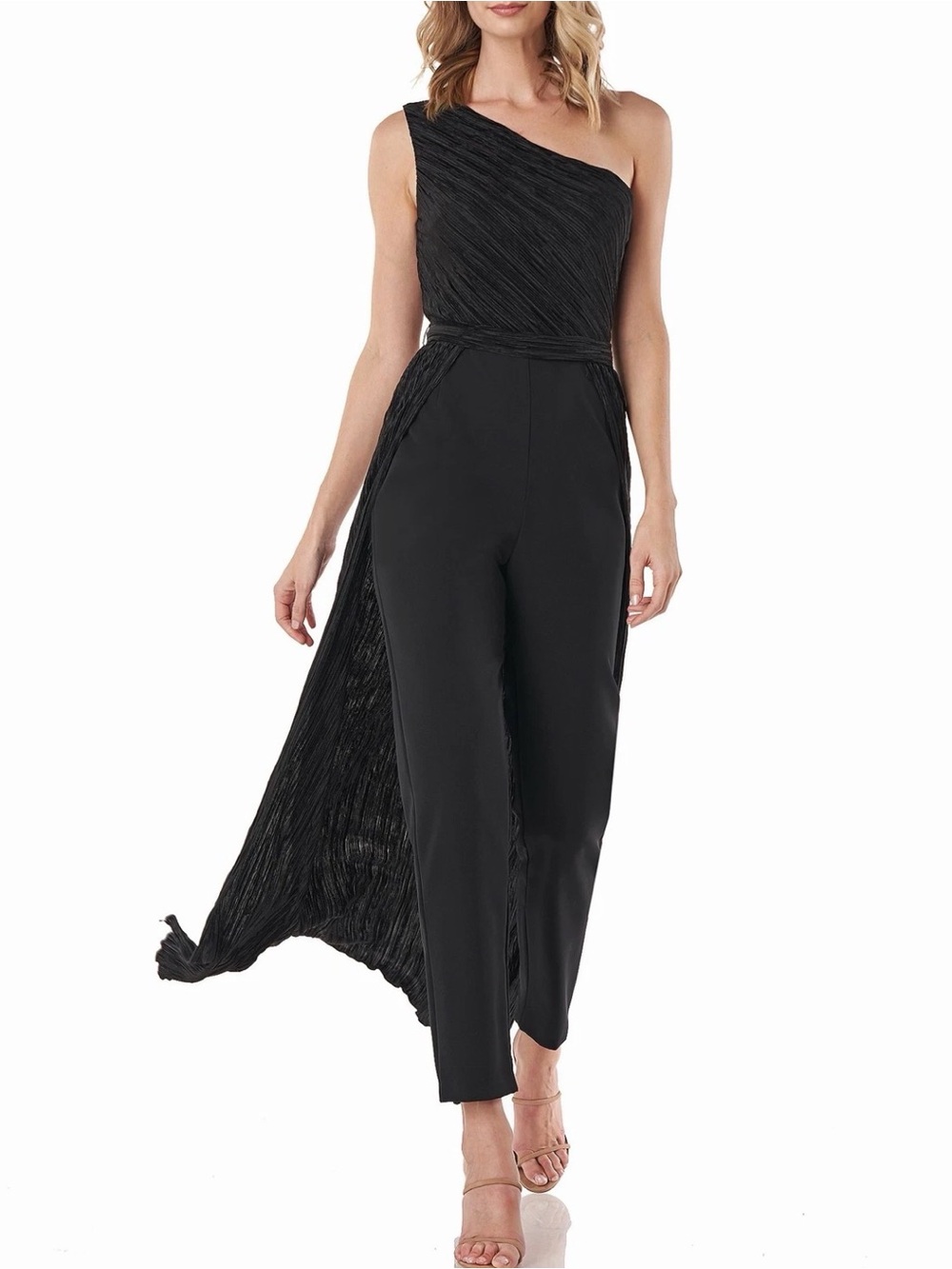 KAY UNGER Lola Plisse One Shoulder Ruched Crepe JUMPSUIT SIZE 4 $278 BLACK